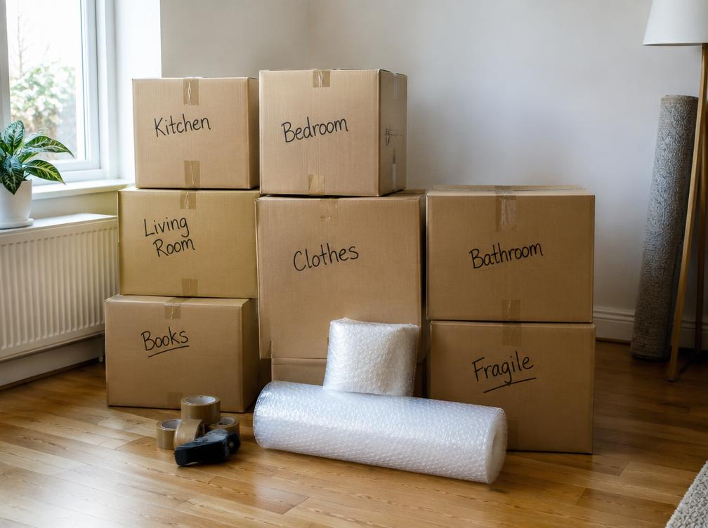 Labelled cardboard moving boxes packed and ready