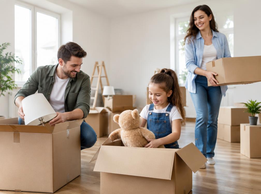 A family unpacking boxes in their new home