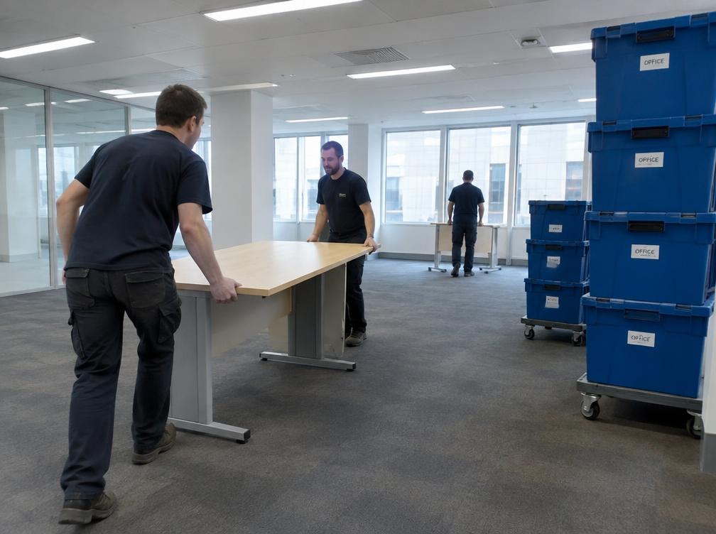 An office relocation with desks and crates
