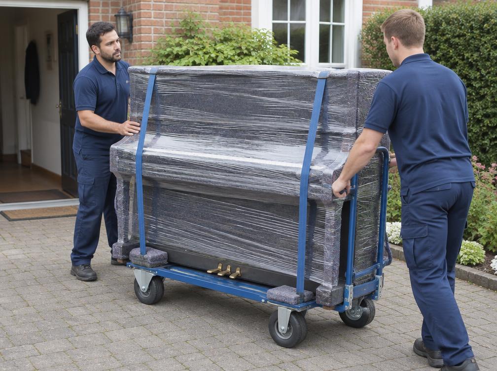 A piano being moved on specialist equipment