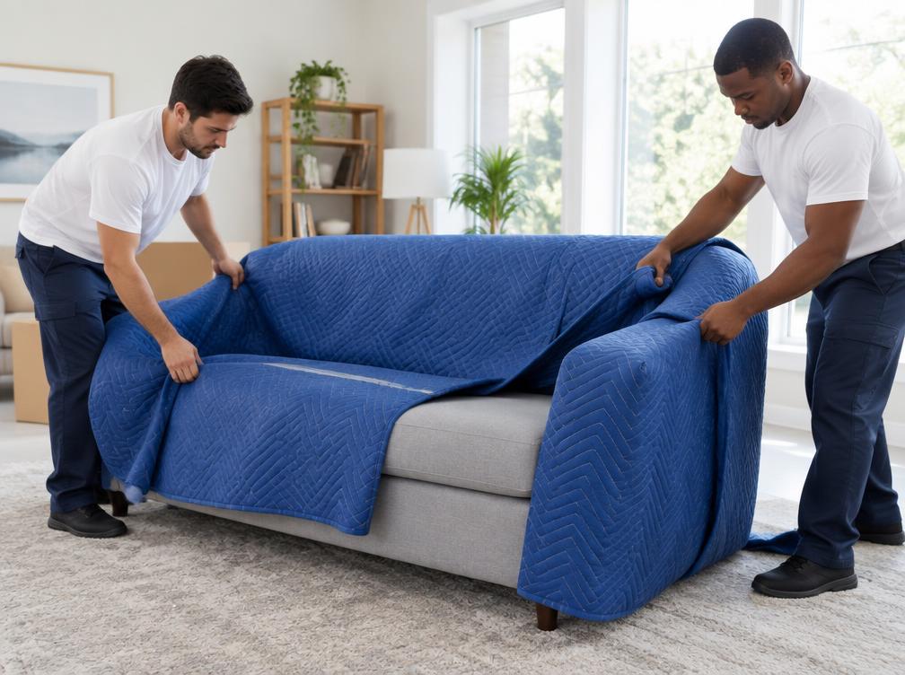 Movers wrapping a sofa in protective covers
